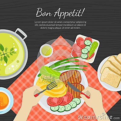 Bon Appetit Banner Template, Top View of Person Eating Delicious Dishes Banner Vector Illustratio Vector Illustration