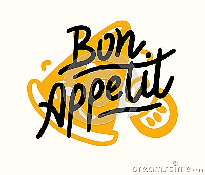 Bon Appetit Creative Lettering with Pizza Slice. Food Poster, Print with Hand Drawn Elements. Cafe Restaurant Decoration Vector Illustration