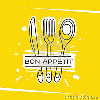 Bon Appetit kitchen monoline style poster. Vector illustration. Vector Illustration
