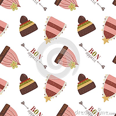 Bon Appetit. Seamless Pattern with Cute cakes and pies. Vector Illustration