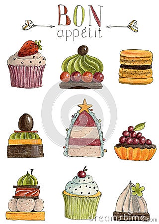 Bon Appetit. Set of Cute cakes and pies. Cartoon Illustration