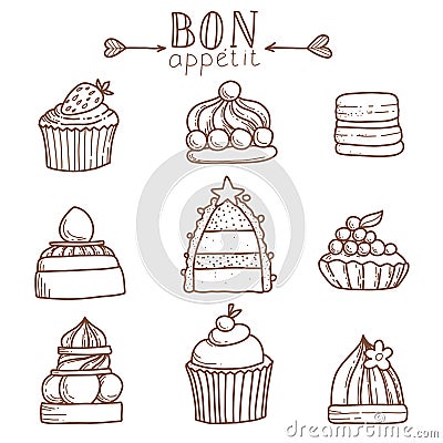 Bon Appetit. Set of Cute cakes and pies. Vector Illustration