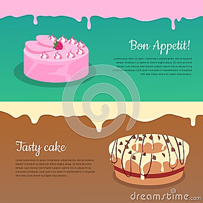 Bon Appetit and Tasty Cake Flat Vector Banners Vector Illustration