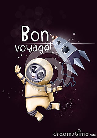 Bon voyage card with space and astronaut, postcard design Stock Photo