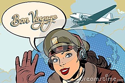 Bon voyage girl woman retro Aviator pilot Vector Illustration