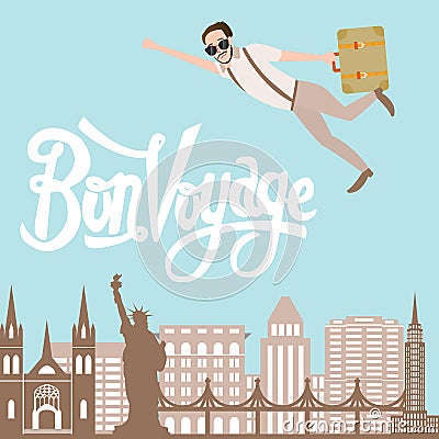 Bon voyage man traveling flying bring luggage with city landscape in the background Vector Illustration