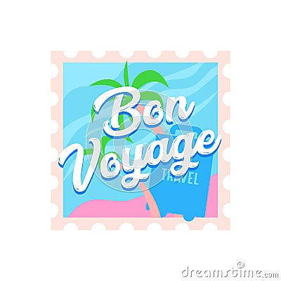 Bon Voyage Travel Icon with Palm Trees and Suitcase on Postal Stamp. Label or Emblem for Traveling Agency Service Vector Illustration