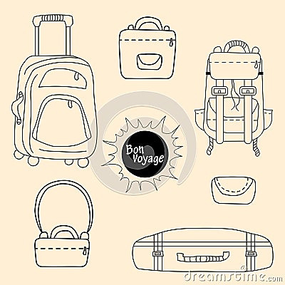 Traveling things for travel and city. Different types of a suitcase on wheels, a closed one, a backpack, small women Vector Illustration