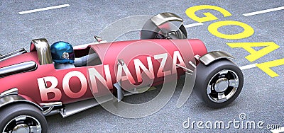 Bonanza helps reaching goals, pictured as a race car with a phrase Bonanza as a metaphor of Bonanza playing important role in Cartoon Illustration