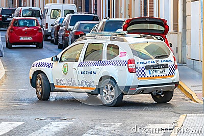 Bonares, Huelva, Spain - August 14, 2020: Municipal police car, brand Dacia Duster, patrolling by the streets Editorial Stock Photo