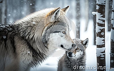 A gray wolf mother and her baby pup loving connection in snow in America generative AI Stock Photo