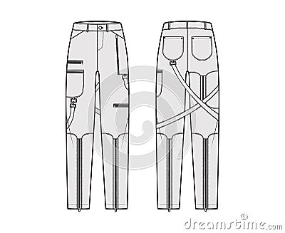 Bondage pants technical fashion illustration with low waist, rise, pockets, belt loops, full lengths Flat bottom apparel Vector Illustration