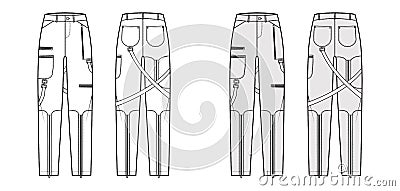 Bondage pants technical fashion illustration with low waist, rise, pockets, belt loops, full lengths Flat bottom apparel Vector Illustration