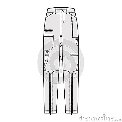 Bondage pants technical fashion illustration with low waist, rise, pockets, belt loops, full lengths Flat bottom apparel Vector Illustration