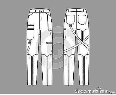 Bondage pants technical fashion illustration with low waist, rise, pockets, belt loops, full lengths Flat bottom apparel Vector Illustration