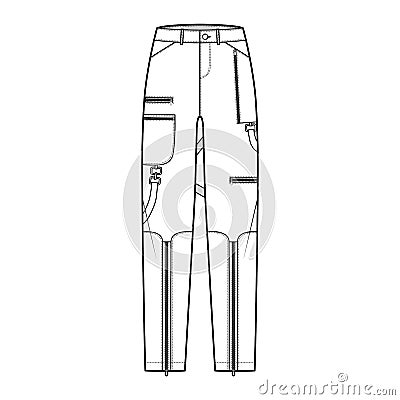 Bondage pants technical fashion illustration with low waist, rise, pockets, belt loops, full lengths Flat bottom apparel Vector Illustration