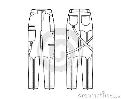 Bondage pants technical fashion illustration with low waist, rise, pockets, belt loops, full lengths Flat bottom apparel Vector Illustration