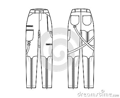 Bondage pants technical fashion illustration with normal waist, high rise, pockets, belt loops, full lengths Flat bottom Vector Illustration