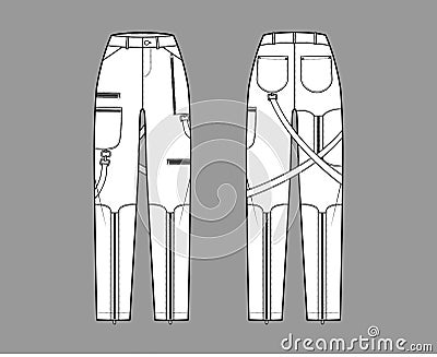 Bondage pants technical fashion illustration with normal waist, high rise, pockets, belt loops, full lengths Flat bottom Vector Illustration