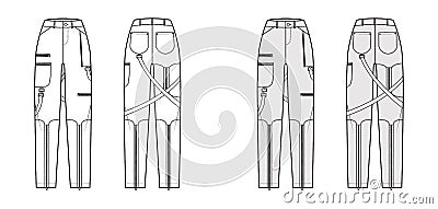 Bondage pants technical fashion illustration with normal waist, high rise, pockets, belt loops, full lengths Flat bottom Vector Illustration