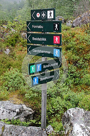 Signpost showing directions of treeking routes in Bondhus, Norway Editorial Stock Photo