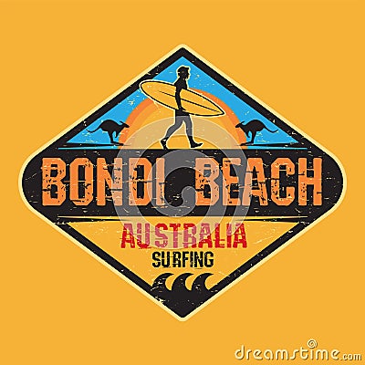 Bondi Beach, Australia - surfer sticker, stamp or sign design Vector Illustration