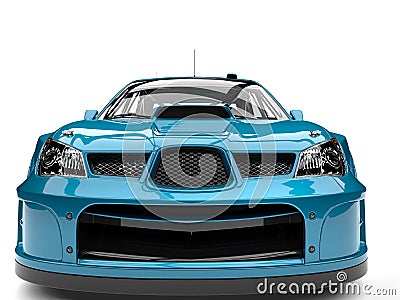 Bondi blue modern touring race car - front view closeup shot Stock Photo