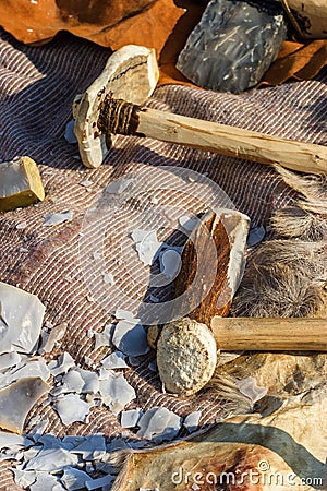 Bone axes and flint stone tools Stock Photo
