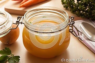 Bone broth made from chicken in a glass jar Stock Photo