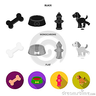 A bone, a fire hydrant, a bowl of food, a dog.Dog set collection icons in black, flat, monochrome style vector Vector Illustration
