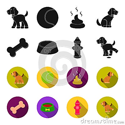 A bone, a fire hydrant, a bowl of food, a dog.Dog set collection icons in black,flet style vector symbol stock Vector Illustration