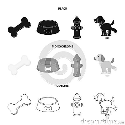 A bone, a fire hydrant, a bowl of food, a dog.Dog set collection icons in black,monochrome,outline style vector Vector Illustration