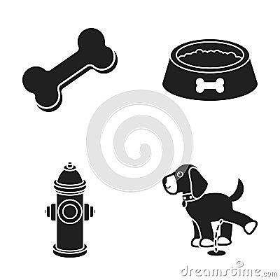 A bone, a fire hydrant, a bowl of food, a dog.Dog set collection icons in black style vector symbol stock Vector Illustration