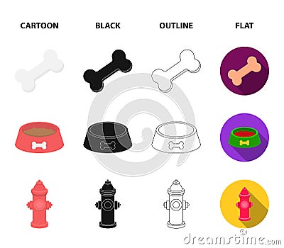 A bone, a fire hydrant, a bowl of food, a dog.Dog set collection icons in cartoon,black,outline,flat style Vector Illustration