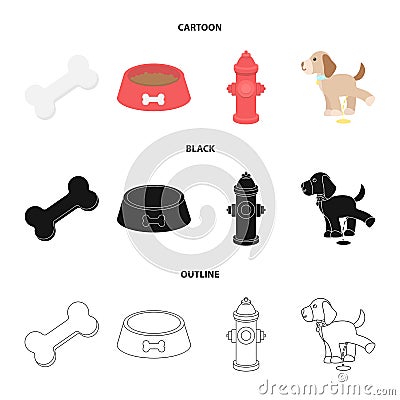 A bone, a fire hydrant, a bowl of food, a dog.Dog set collection icons in cartoon,black,outline style vector Vector Illustration