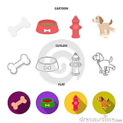 A bone, a fire hydrant, a bowl of food, a dog.Dog set collection icons in cartoon,outline,flat style vector Vector Illustration