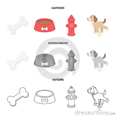 A bone, a fire hydrant, a bowl of food, a dog.Dog set collection icons in cartoon,outline,monochrome style Vector Illustration