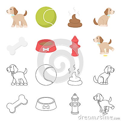 A bone, a fire hydrant, a bowl of food, a dog.Dog set collection icons in cartoon,outline style vector symbol Vector Illustration