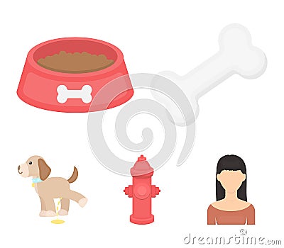 A bone, a fire hydrant, a bowl of food, a dog.Dog set collection icons in cartoon style vector symbol stock Vector Illustration