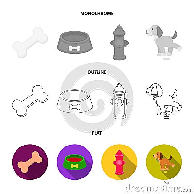 A bone, a fire hydrant, a bowl of food, a dog.Dog set collection icons in flat,outline,monochrome style vector Vector Illustration