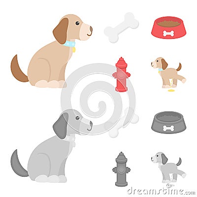 A bone, a fire hydrant, a bowl of food, a dog.Dog set collection icons in cartoon,monochrome style vector symbol Vector Illustration