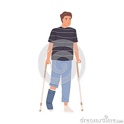 Bone injury or fracture of young patient. Man walking with crutches and gypsum on broken leg. Rehabilitation and Vector Illustration