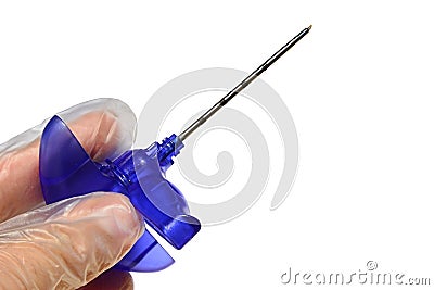 Bone marrow biopsy disposable needle with front element connected with tube rotated against the base with needle, white background Stock Photo