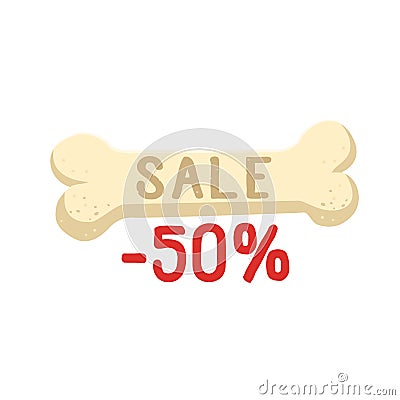 Bone with sale text -50 percent vector flat illustration. Bone isolated on white background vector icon. Vector Illustration