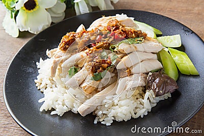 Boned, sliced Hainan-style chicken with marinated rice Stock Photo