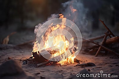 Bonfire burning down in the forest autumn, flame sticks and coals in fire close up on sand beach in the evening night Stock Photo