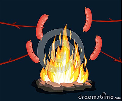 Bonfire with grill sausage, Vector Illustration