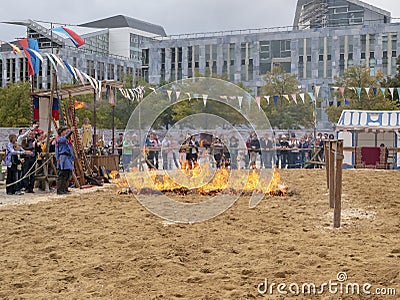 Bonfire for horse riding. Reconstruction of historical events of the city Magdeburg, Germany. The Kaiser-Otto-Fest. A festival for Editorial Stock Photo