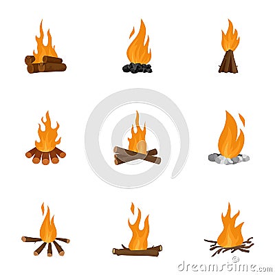 Bonfire icons set, cartoon style Vector Illustration