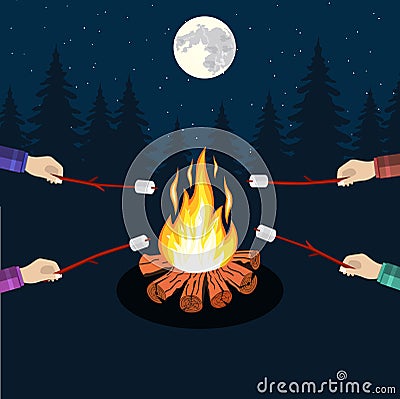 Bonfire with marshmallow Vector Illustration